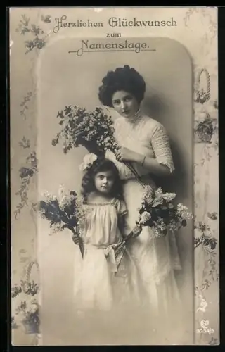 Foto-AK GL Co Nr. 3334/3: Mutter und Tochter mit blühendem Flieder, Namenstag