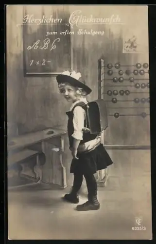 AK Schulanfang, Mädchen vor dem Rechenschieber im Klassenzimmer