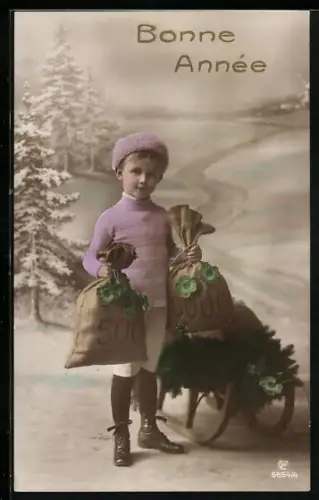 Foto-AK GL Co Nr. 6654/4: Kleiner Junge mit Geldsäcken, Bonne Année