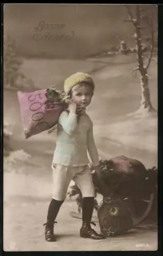 Foto-AK GL Co Nr. 4094/4: Kleiner Junge mit Geldsäcken und Schlitten, Bonne Année