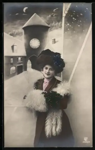 Foto-AK GL Co Nr. 2565/2: Dame mit Muff vor verschneiter Strasse