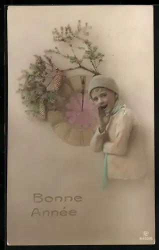 Foto-AK GL Co Nr. 6650/6: Junge mit Uhr um Mitternacht, Bonne Année