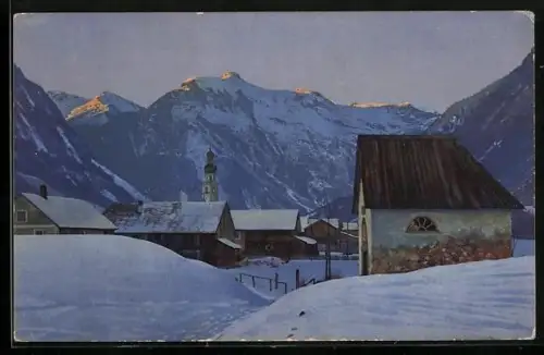 Künstler-AK Photochromie Nr. 2926: Ortschaft im Winter mit Bergpanorama