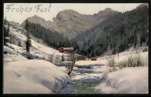 Künstler-AK Photochromie Nr. 3558: Davos-Sertig, Teilansicht im Winter vom Bach aus