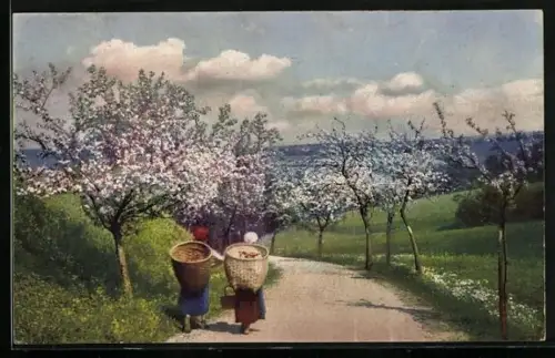 Künstler-AK Photochromie Nr. 4370: Landstrasse mit Kiepenträgerinnen im Frühling