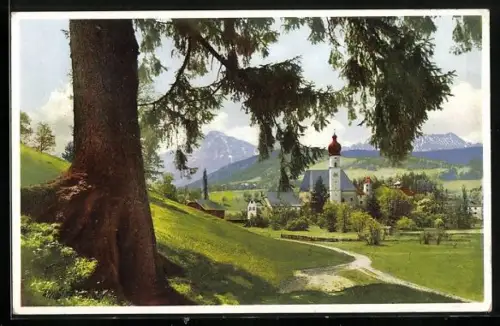 Künstler-AK Photochromie Serie 356 Nr. 5071: Blick auf ein Dorf und ein Gebirge