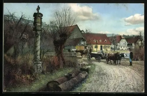 Künstler-AK Photochromie Nr. 1899: Dorfpartie, Bauern mit Fuhrwerk
