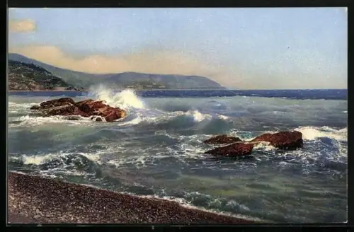 Künstler-AK Photochromie Nr. 2641: Riviera di Ponente, Bordighera, Felsen in der Brandung
