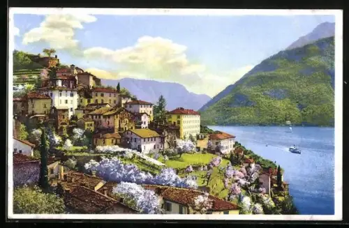 Künstler-AK Photochromie Serie 367, Nr. 5134: Partie einer Ortschaft am Seeufer