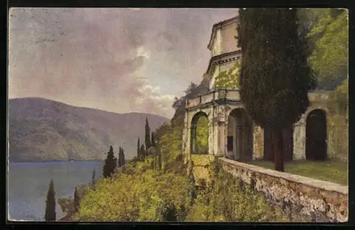 Künstler-AK Photochromie Nr. 3309: Morcote /Lago di Lugano, Palazzo am See