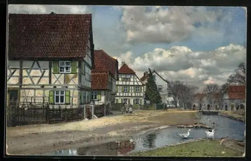 Künstler-AK Photochromie Nr. 1911: Ortspartie mit Fachwerkhäusern und Enten am Bach