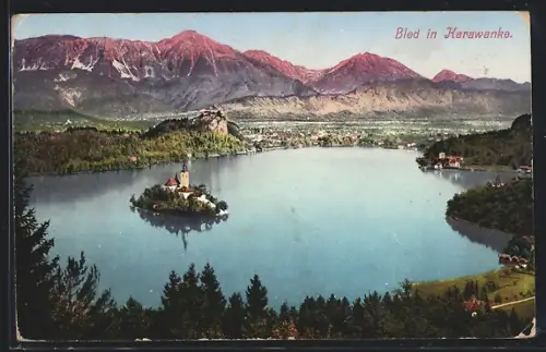 AK Veldes, Ortsansicht mit Karawanken aus der Vogelschau