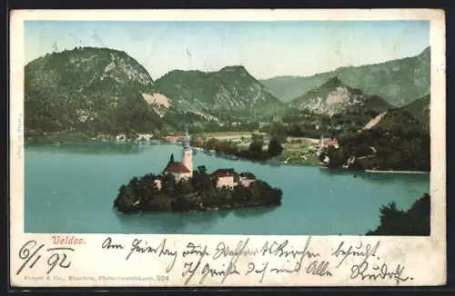 AK Veldes, Panorama mit Insel und Kirche