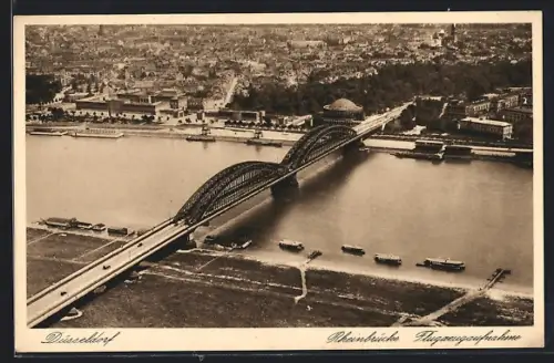 AK Düsseldorf, Rheinbrücke, Flugzeugaufnahme