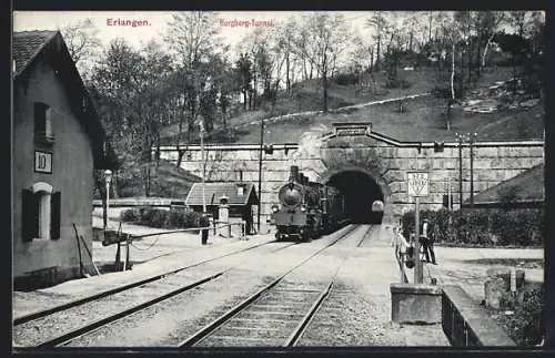 AK Erlangen, Burgberg-Tunnel, Dampflok, Bahnübergang