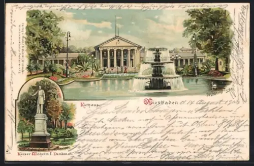 Lithographie Wiesbaden, Kurhaus, Kaiser Wilhelm I. Denkmal