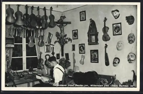 AK Mittenwald Obb., Geigenbauer Adolf Baader jun., Werkstatt, Obere Marktstrasse 157