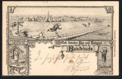 Künstler-AK Buxtehude, Wettlauf zwischen Has und Swinegel auf der Heide