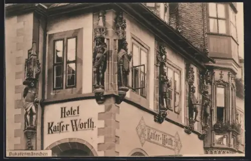 AK Goslar i. Harz, Hotel Kaiser Worth, Kaiserfiguren, Dukatenmännchen