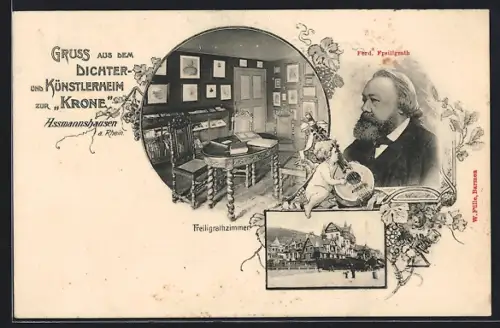 AK Assmannshausen a. Rhein, Dichter- und Künstlerheim zur Krone, Freiligrathzimmer, Ferd. Freiligrath