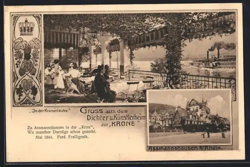 AK Assmannshausen a. Rhein, Dichter- und Künstlerheim zur Krone, Kronenlaube, Rheinansicht