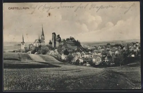AK Castellaun, Kirche, Burgruine, Ortsansicht