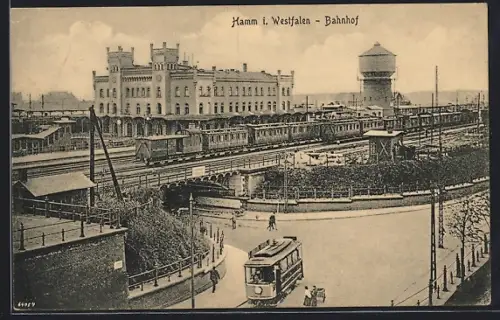 AK Hamm i. Westfalen, Bahnhof, Strassenbahn, Wasserturm