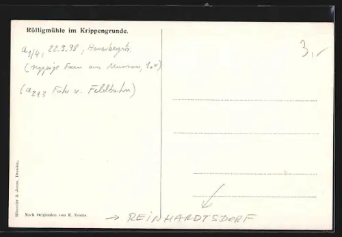 Künstler-AK Reinhardtsdorf, Rölligmühle im Krippengrunde