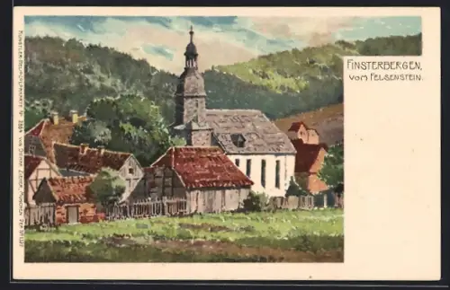 Künstler-AK Finsterbergen, Ortspanorama vom Felsenstein