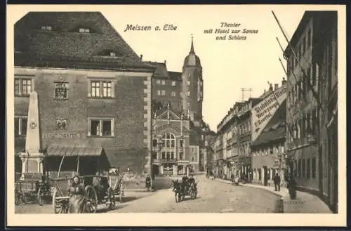 AK Meissen a. Elbe, Stadttheater mit Hotel zur Sonne u. Schloss, Obelisk