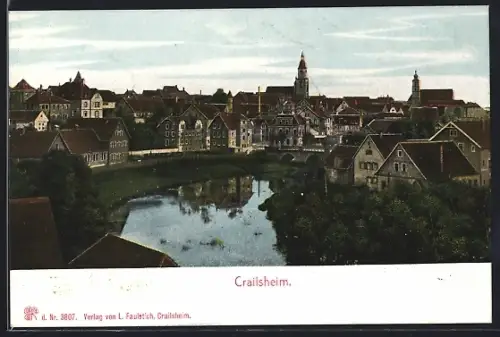 AK Crailsheim, Stadtansicht mit Fluss und Kirche