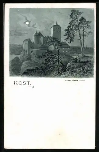 Künstler-AK Kost, Burg bei Mondschein