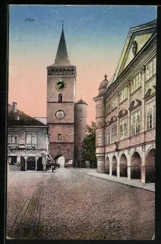 AK Jitschin / Gitschin / Jicin, Torturm im Abendlicht