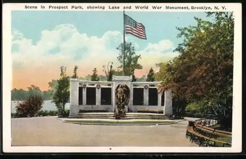 AK New York, NY, Scene in Prospect Park, Lake and World War Monument