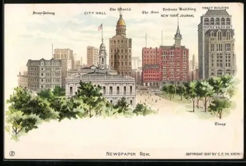 Lithographie New York, NY, Newspaper Row with City Hall, Tribune Building and Tract Building