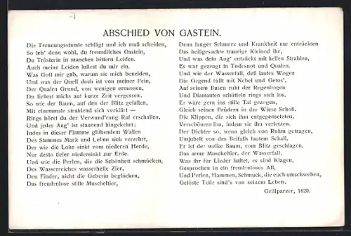 AK Gastein, Gedicht Abschied von Gastein, Grillparzer 1820
