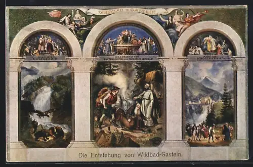 AK Wildbad-Gastein, Wandmalerei über die Entstehung des Ortes