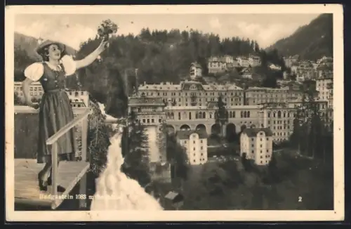 AK Badgastein, Ortsansicht, Frau in einer österreichischen Tracht