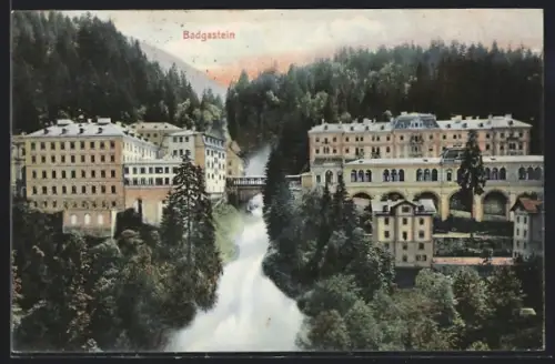 AK Badgastein, Gebäudeansicht mit Wasserfall