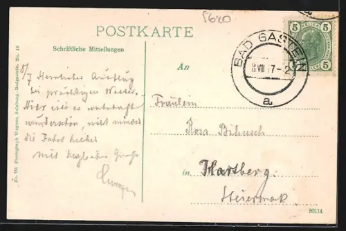 AK Badgastein, Gebäudeansicht mit Wasserfall