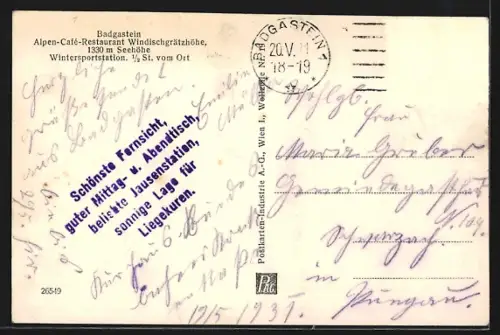 AK Badgastein, Alpen-Cafe-Restaurant Windischgrätzhöhe