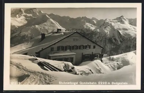AK Badgastein, Stubnerkogel Gondelbahn, Gebäude im Winter