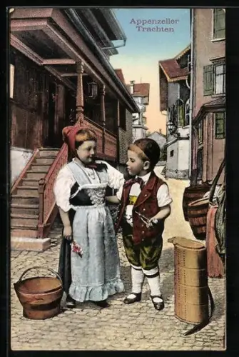 AK Kinder in Appenzeller Trachten auf einem Dorfplatz