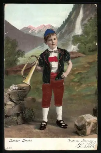 Stoff-Präge-AK Kleiner Trompeter in Berner Tracht, Costume Bernois