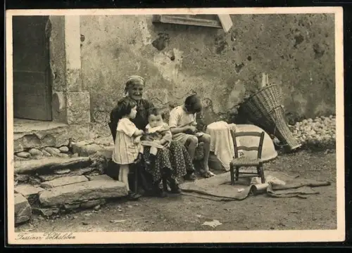 AK Tessin, Ältere Frau mit drei Kindern