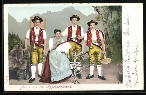 AK Appenzellerland, Dame mit Stickrahmen, Trachten