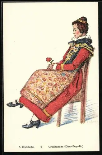 Künstler-AK Frau aus Graubünden in Tracht