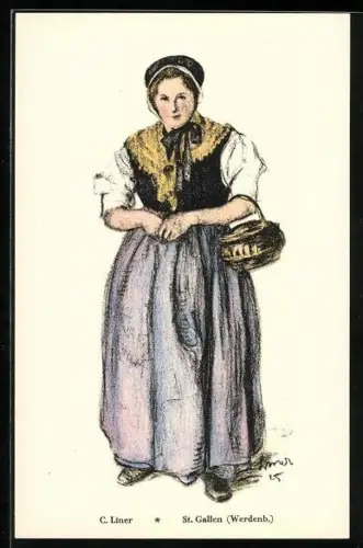 Künstler-AK Werdenb. /St. Gallen, Frau in Tracht mit Korb