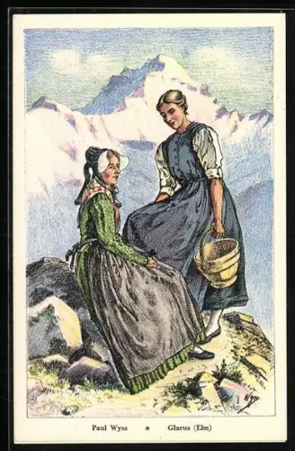 AK Glarus, Frauen in traditioneller Tracht vor Gebirgslandschaft