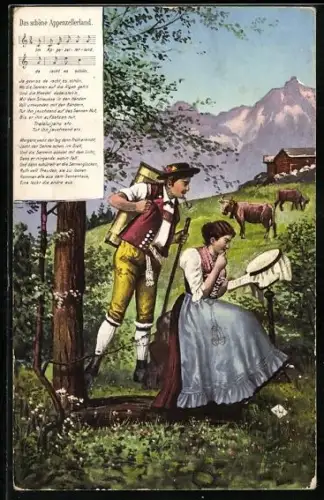 Künstler-AK Appenzell, Stickerin mit Mann in den Bergen